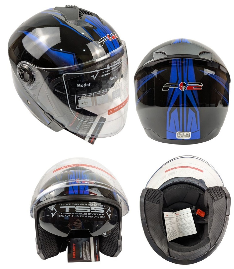 Мотошолом F2-707, ХS(53-54), чорно-синій, глянцевий (без підборіддя, з окулярами)
