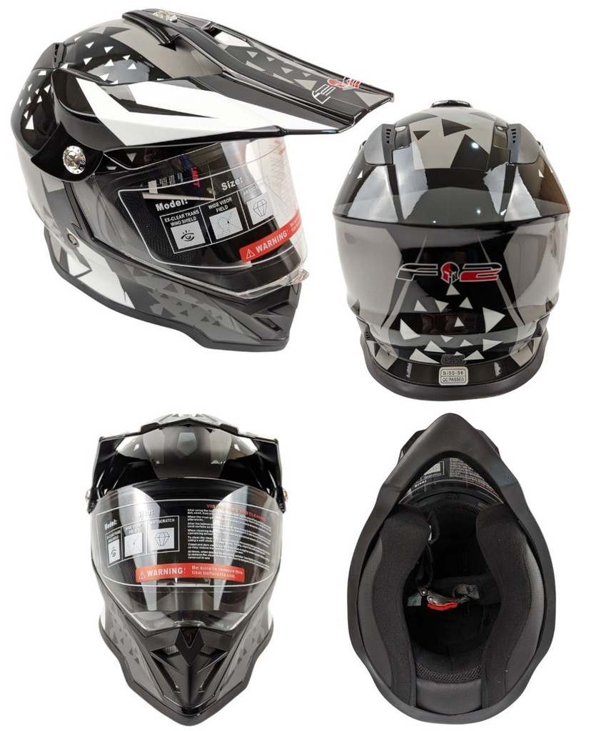 Мотошолом F2-819-7, S(55-56), чорно-сірий, глянцевий (з дашком)