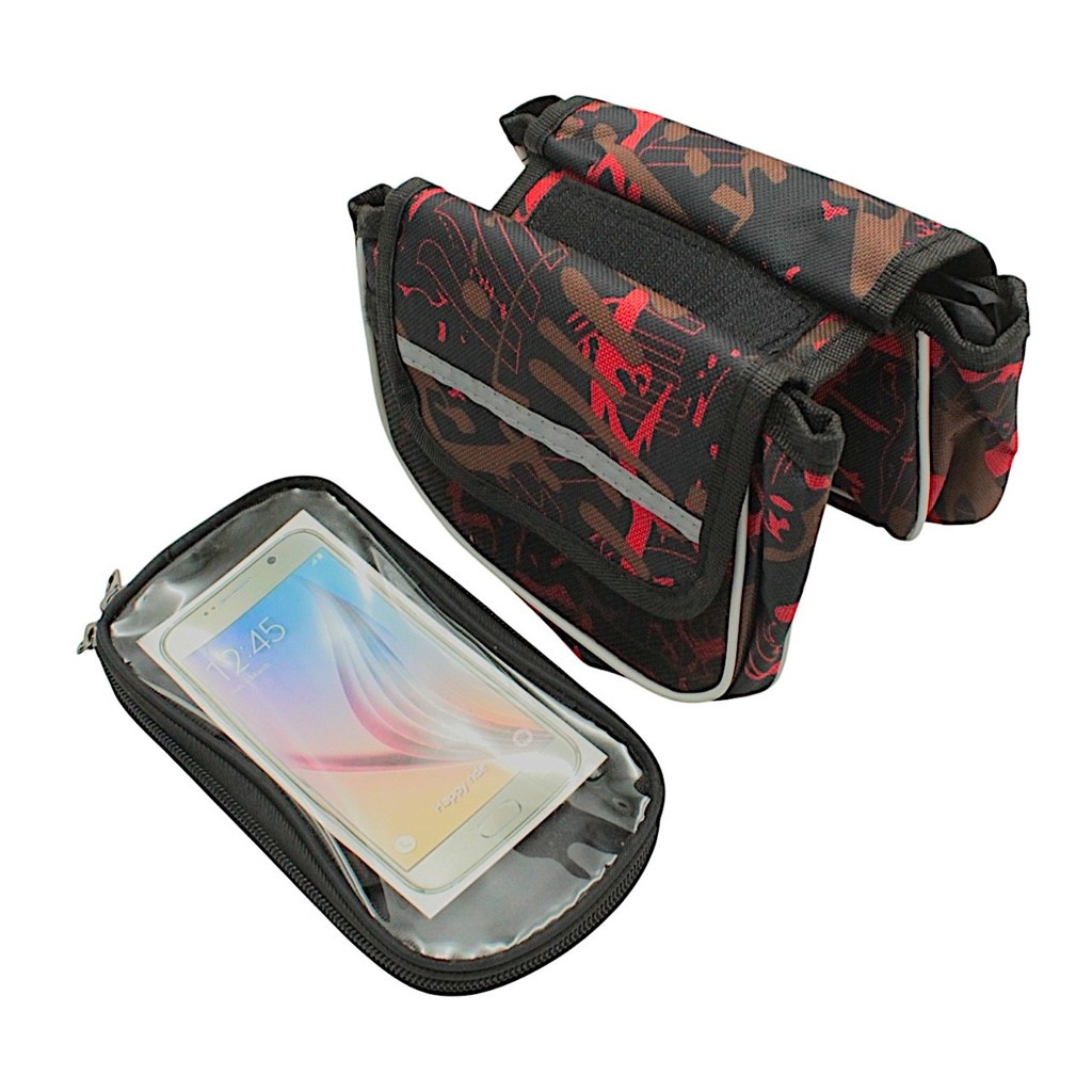 Сумка на раму 2x-стороння + чохол для телефону, чорно-червона