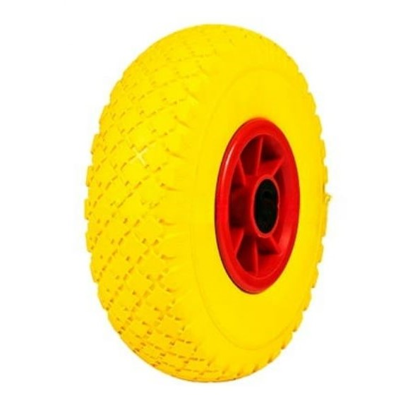 Колесо тачки жовте  4"  3.00-4 під вісь Ø20, пінополіуретанове, пласмасовий диск